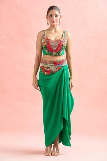 Shop_Anamika Khanna_Green Georgette, Chiffon Beads, Floral Tribal Embroidered Cape And Skirt Set _Online_at_Aza_Fashions