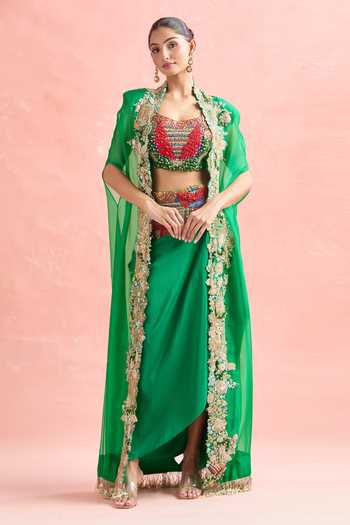 Buy_Anamika Khanna_Green Georgette, Chiffon Beads, Floral Tribal Embroidered Cape And Skirt Set 