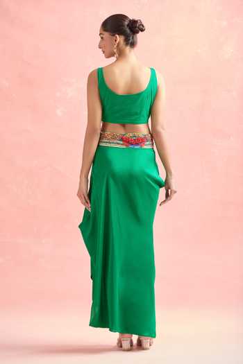Shop_Anamika Khanna_Green Georgette, Chiffon Beads, Floral Tribal Embroidered Cape And Skirt Set 