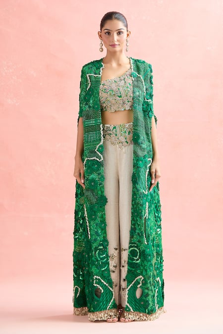 Anamika Khanna_Green Silk Sequins, Embroidery Asymmetric Emerald Floral Cape And Pant Set_Online_at_Aza_Fashions