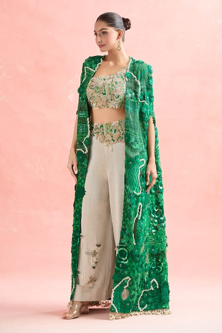 Buy_Anamika Khanna_Green Silk Sequins, Embroidery Asymmetric Emerald Floral Cape And Pant Set_Online_at_Aza_Fashions