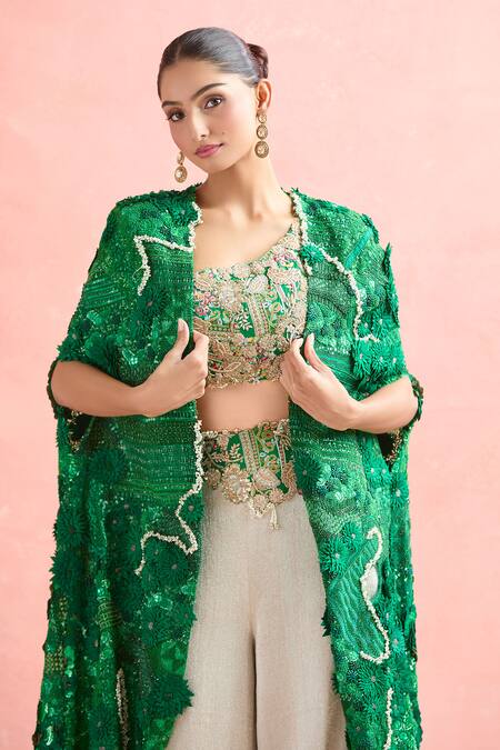 Shop_Anamika Khanna_Green Silk Sequins, Embroidery Asymmetric Emerald Floral Cape And Pant Set_Online_at_Aza_Fashions