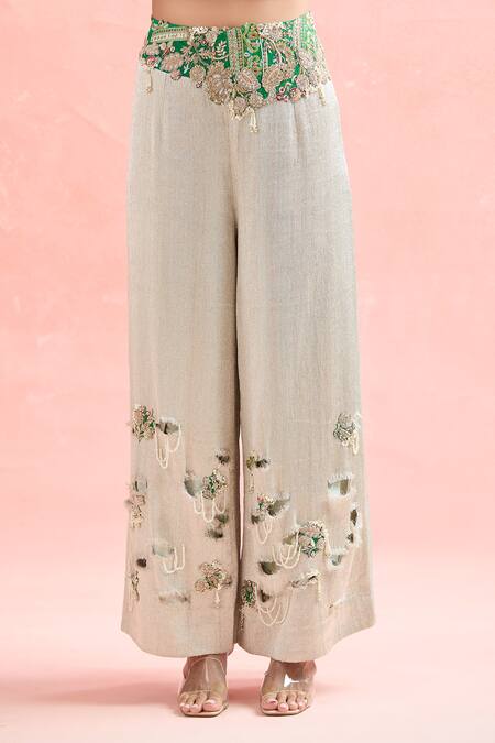 Anamika Khanna_Green Silk Sequins, Embroidery Asymmetric Emerald Floral Cape And Pant Set_at_Aza_Fashions