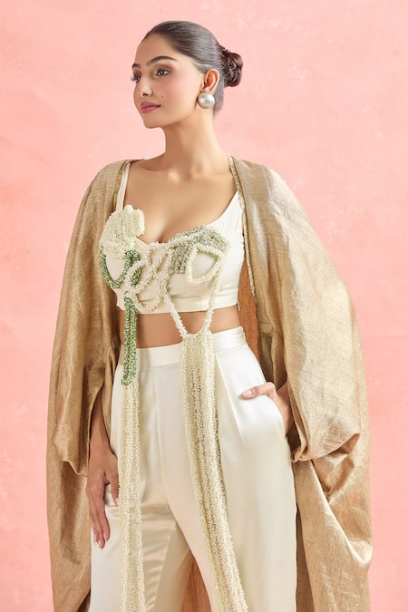 Buy_Anamika Khanna_Gold Cotton, Silk Beads, Tassels Scoop Neck Applique Cape And Pant Set_Online_at_Aza_Fashions