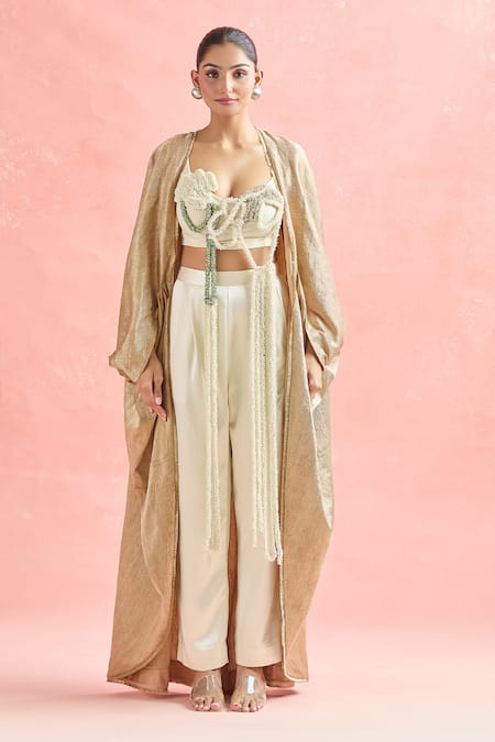 Anamika Khanna_Gold Cotton, Silk Beads, Tassels Scoop Neck Applique Cape And Pant Set_at_Aza_Fashions