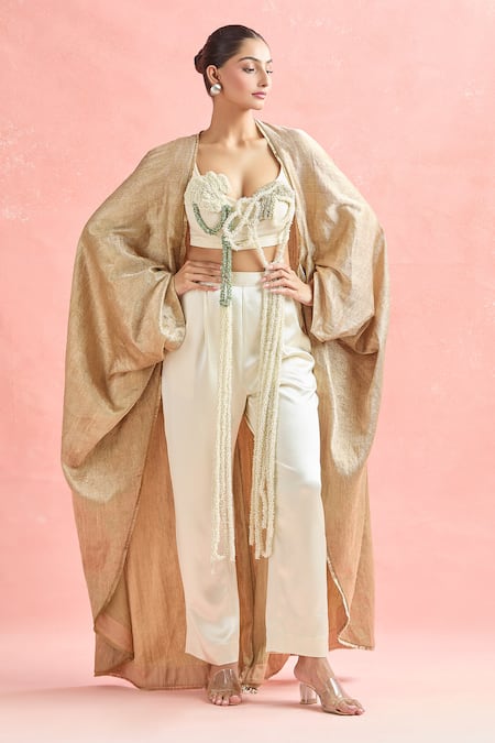 Buy_Anamika Khanna_Gold Cotton, Silk Beads, Tassels Scoop Neck Applique Cape And Pant Set