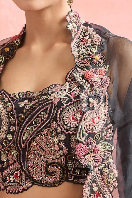 Ridhima Bhasin Black Silk, Georgette, Net, Chiffon Sequins, Beads, Floral Lehenga Set Online at Aza Fashions Ridhima Bhasin_Black Silk, Georgette, Net, Chiffon Sequins, Beads, Floral Lehenga Set _Online_at_Aza_Fashions