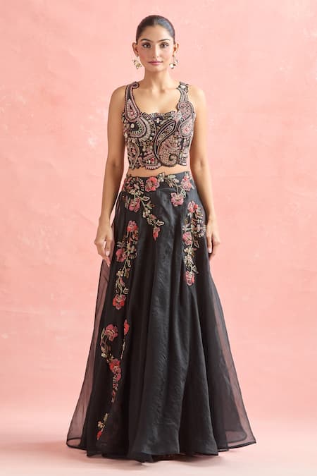 Shop Ridhima Bhasin Black Silk, Georgette, Net, Chiffon Sequins, Beads, Floral Lehenga Set Online at Aza Fashions Shop_Ridhima Bhasin_Black Silk, Georgette, Net, Chiffon Sequins, Beads, Floral Lehenga Set _Online_at_Aza_Fashions