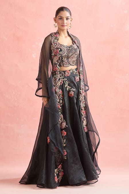 Ridhima Bhasin Black Silk, Georgette, Net, Chiffon Sequins, Beads, Floral Lehenga Set at Aza Fashions Ridhima Bhasin_Black Silk, Georgette, Net, Chiffon Sequins, Beads, Floral Lehenga Set _at_Aza_Fashions