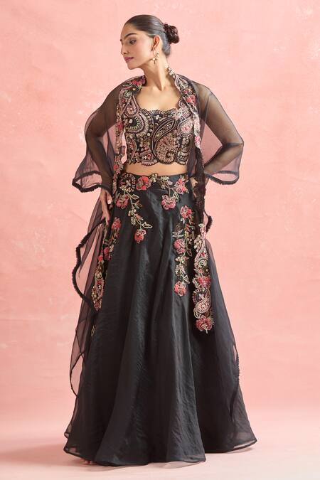 Buy Ridhima Bhasin Black Silk, Georgette, Net, Chiffon Sequins, Beads, Floral Lehenga Set Buy_Ridhima Bhasin_Black Silk, Georgette, Net, Chiffon Sequins, Beads, Floral Lehenga Set