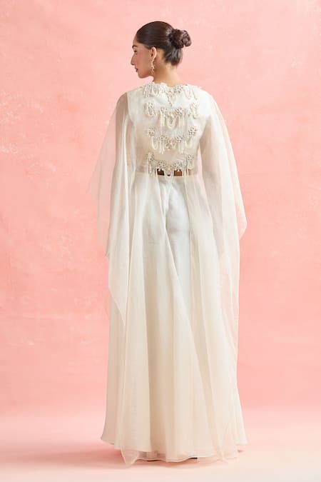 Shop_Ridhima Bhasin_Ivory Chiffon Pearls, Embroidery V-neck Tunic And Pant Set _at_Aza_Fashions
