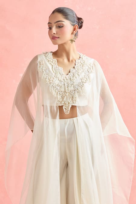 Ridhima Bhasin_Ivory Chiffon Pearls, Embroidery V-neck Tunic And Pant Set _Online_at_Aza_Fashions