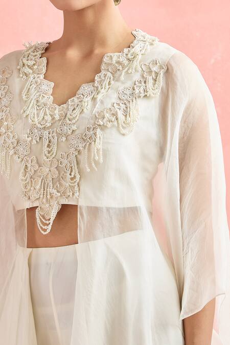 Buy_Ridhima Bhasin_Ivory Chiffon Pearls, Embroidery V-neck Tunic And Pant Set _Online_at_Aza_Fashions