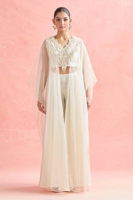 Shop_Ridhima Bhasin_Ivory Chiffon Pearls, Embroidery V-neck Tunic And Pant Set _Online_at_Aza_Fashions