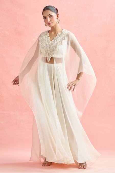 Ridhima Bhasin_Ivory Chiffon Pearls, Embroidery V-neck Tunic And Pant Set _at_Aza_Fashions