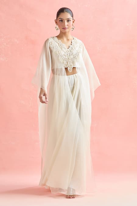Buy_Ridhima Bhasin_Ivory Chiffon Pearls, Embroidery V-neck Tunic And Pant Set 