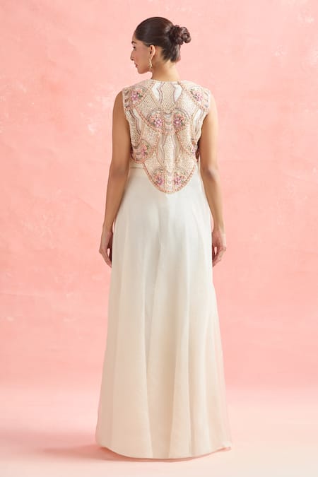 Shop_Ridhima Bhasin_Ivory Cotton, Silk, Chiffon Sequins, Cut Work, Embroidery Honeycomb Jacket Set _at_Aza_Fashions