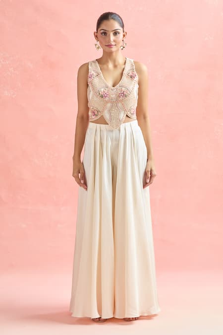 Ridhima Bhasin_Ivory Cotton, Silk, Chiffon Sequins, Cut Work, Embroidery Honeycomb Jacket Set _Online_at_Aza_Fashions