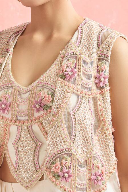 Shop_Ridhima Bhasin_Ivory Cotton, Silk, Chiffon Sequins, Cut Work, Embroidery Honeycomb Jacket Set _Online_at_Aza_Fashions