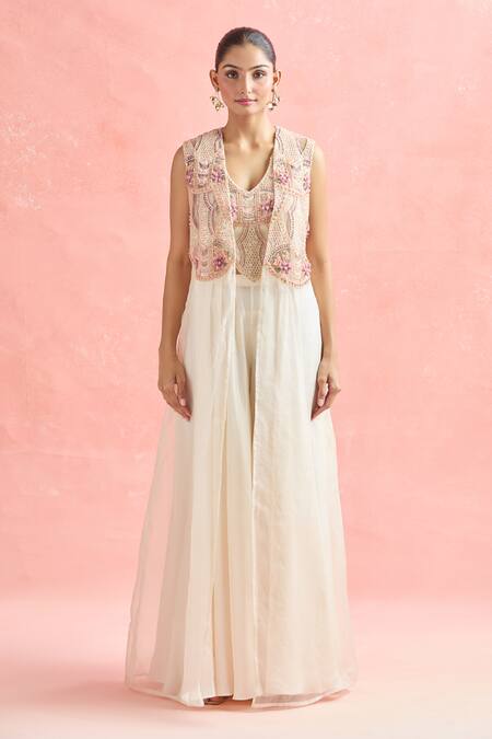 Ridhima Bhasin_Ivory Cotton, Silk, Chiffon Sequins, Cut Work, Embroidery Honeycomb Jacket Set _at_Aza_Fashions