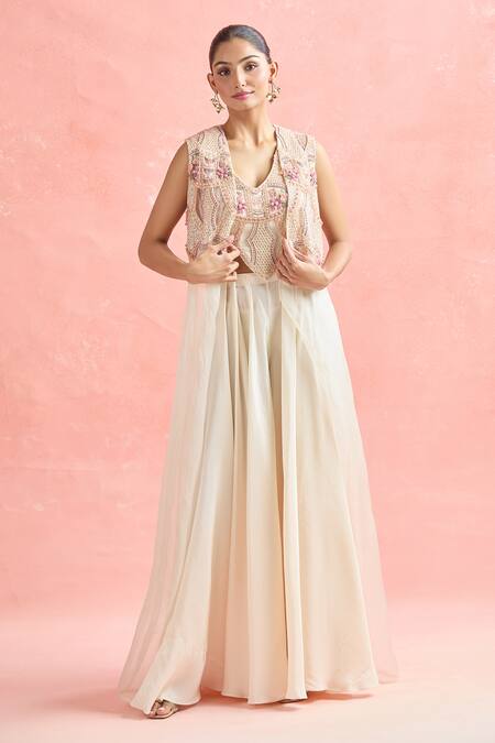 Buy_Ridhima Bhasin_Ivory Cotton, Silk, Chiffon Sequins, Cut Work, Embroidery Honeycomb Jacket Set 