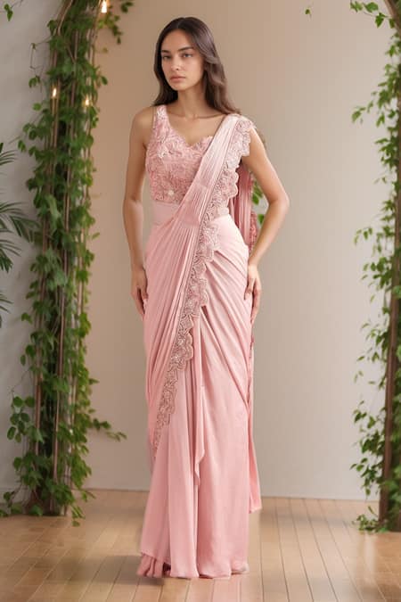 Ridhima Bhasin Floral Cutwork Embroidered Pre-Draped Saree With Blouse 