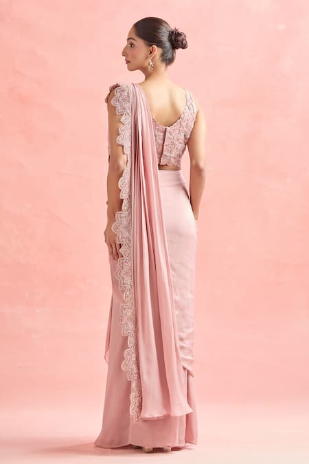 Shop_Ridhima Bhasin_Pink Silk, Chiffon Beads, Crystals, Embroidery Floral Cutwork Pre-draped Saree _at_Aza_Fashions