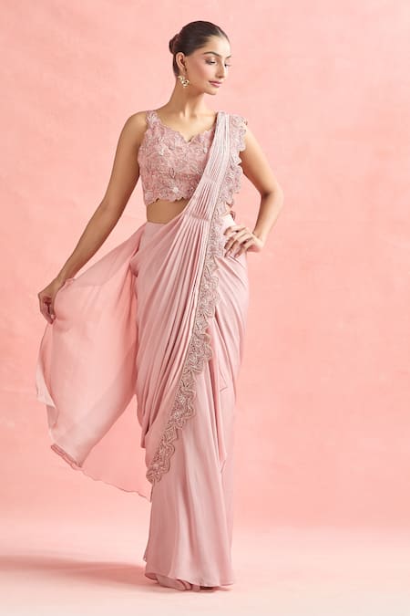 Ridhima Bhasin_Pink Silk, Chiffon Beads, Crystals, Embroidery Floral Cutwork Pre-draped Saree _Online_at_Aza_Fashions