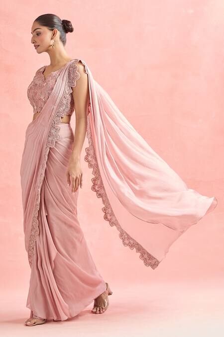 Buy_Ridhima Bhasin_Pink Silk, Chiffon Beads, Crystals, Embroidery Floral Cutwork Pre-draped Saree _Online_at_Aza_Fashions
