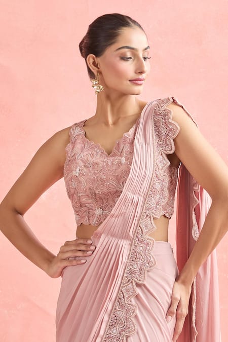 Shop_Ridhima Bhasin_Pink Silk, Chiffon Beads, Crystals, Embroidery Floral Cutwork Pre-draped Saree _Online_at_Aza_Fashions