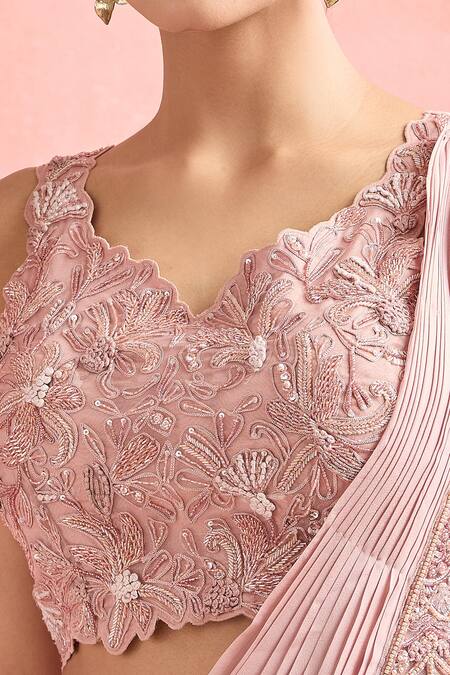 Ridhima Bhasin_Pink Silk, Chiffon Beads, Crystals, Embroidery Floral Cutwork Pre-draped Saree _at_Aza_Fashions
