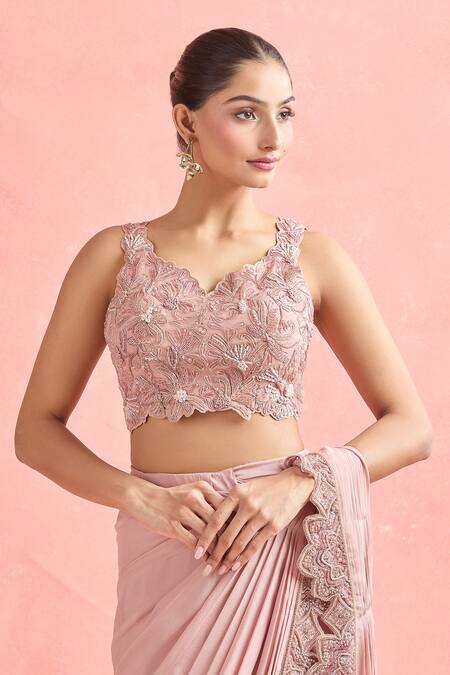 Buy_Ridhima Bhasin_Pink Silk, Chiffon Beads, Crystals, Embroidery Floral Cutwork Pre-draped Saree 