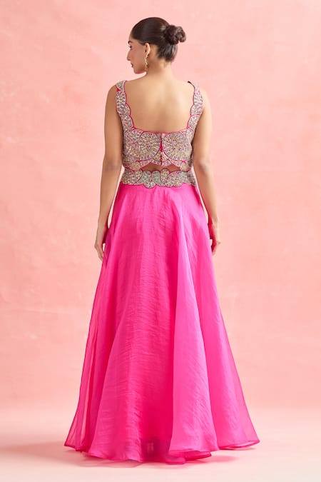 Shop_Ridhima Bhasin_Pink Silk, Chiffon Embroidery, Sequins Square Neck Paisley Lehenga Set _at_Aza_Fashions