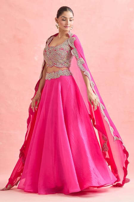 Ridhima Bhasin_Pink Silk, Chiffon Embroidery, Sequins Square Neck Paisley Lehenga Set _Online_at_Aza_Fashions