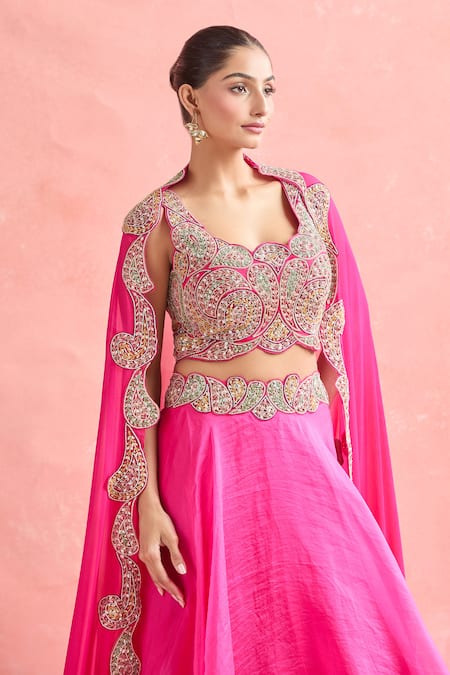 Buy_Ridhima Bhasin_Pink Silk, Chiffon Embroidery, Sequins Square Neck Paisley Lehenga Set _Online_at_Aza_Fashions