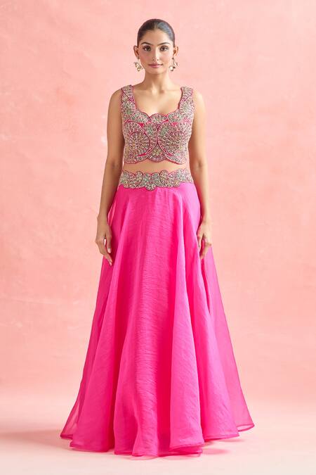 Ridhima Bhasin_Pink Silk, Chiffon Embroidery, Sequins Square Neck Paisley Lehenga Set _at_Aza_Fashions