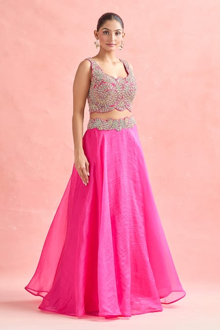 Buy_Ridhima Bhasin_Pink Silk, Chiffon Embroidery, Sequins Square Neck Paisley Lehenga Set 
