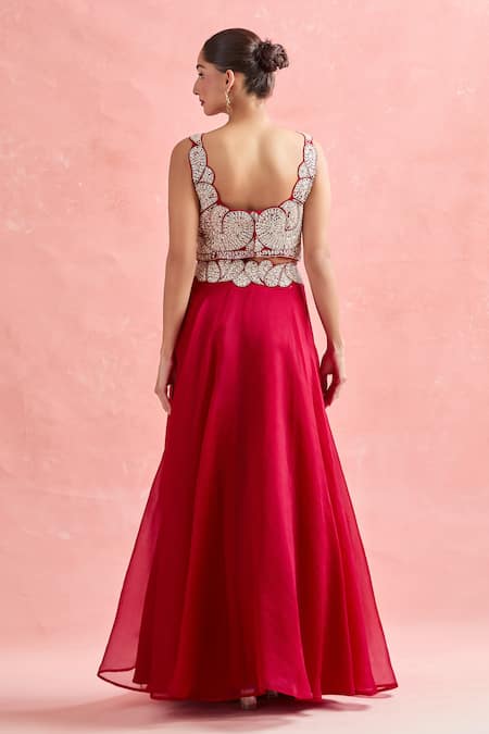 Shop_Ridhima Bhasin_Red Chiffon, Georgette Embroidery, Sequins Square Neck Paisley Lehenga Set _at_Aza_Fashions