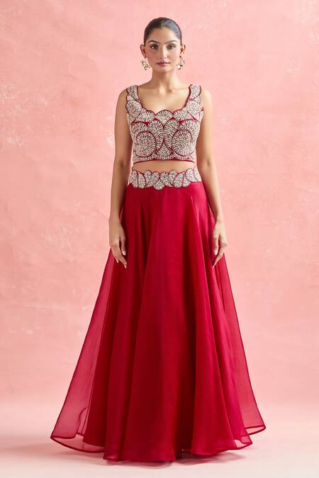 Ridhima Bhasin_Red Chiffon, Georgette Embroidery, Sequins Square Neck Paisley Lehenga Set _Online_at_Aza_Fashions