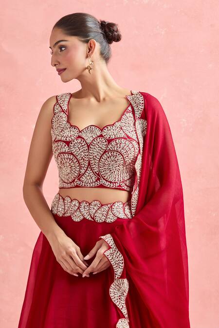 Buy_Ridhima Bhasin_Red Chiffon, Georgette Embroidery, Sequins Square Neck Paisley Lehenga Set _Online_at_Aza_Fashions