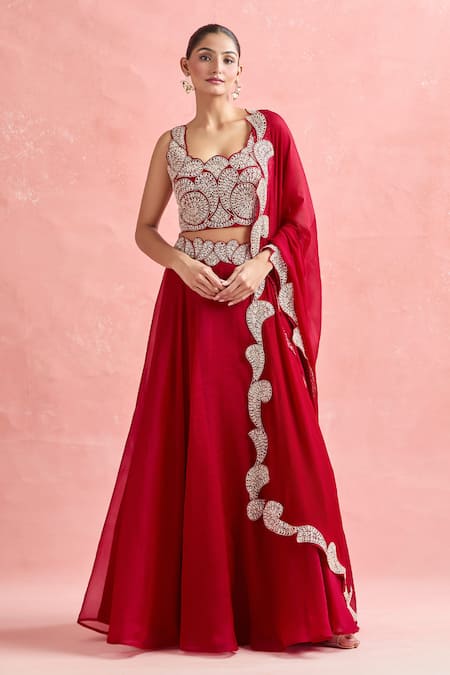 Shop_Ridhima Bhasin_Red Chiffon, Georgette Embroidery, Sequins Square Neck Paisley Lehenga Set _Online_at_Aza_Fashions