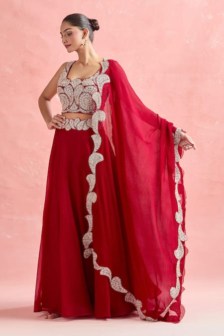 Ridhima Bhasin_Red Chiffon, Georgette Embroidery, Sequins Square Neck Paisley Lehenga Set _at_Aza_Fashions