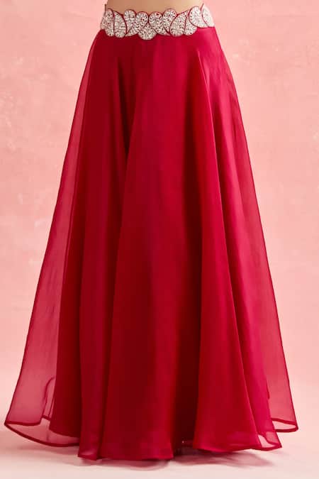 Buy_Ridhima Bhasin_Red Chiffon, Georgette Embroidery, Sequins Square Neck Paisley Lehenga Set 