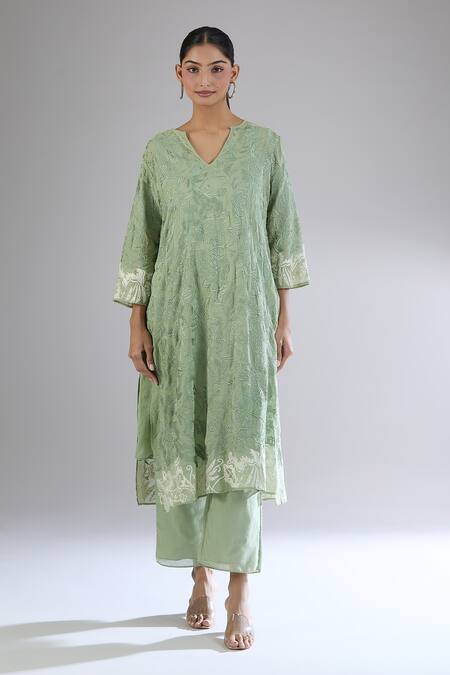 Peachoo_Green Modal Straight Fit Moss Pant _at_Aza_Fashions
