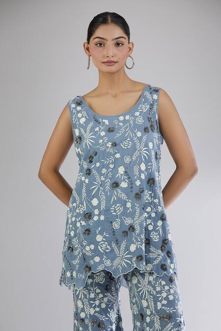 Peachoo Blue Embroidery Resham Round Neck Floral Tunic Online at Aza Fashions Peachoo_Blue Embroidery Resham Round Neck Floral Tunic_Online_at_Aza_Fashions