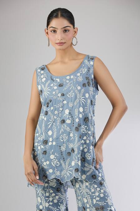 Buy Peachoo Blue Embroidery Resham Round Neck Floral Tunic Online at Aza Fashions Buy_Peachoo_Blue Embroidery Resham Round Neck Floral Tunic_Online_at_Aza_Fashions