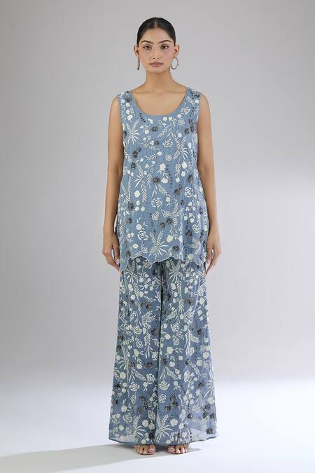 Shop Peachoo Blue Embroidery Resham Round Neck Floral Tunic Online at Aza Fashions Shop_Peachoo_Blue Embroidery Resham Round Neck Floral Tunic_Online_at_Aza_Fashions