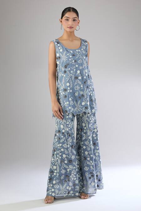 Peachoo Blue Embroidery Resham Round Neck Floral Tunic at Aza Fashions Peachoo_Blue Embroidery Resham Round Neck Floral Tunic_at_Aza_Fashions