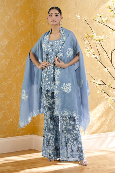 Peachoo Floral Cutwork Border Embroidered Cape 