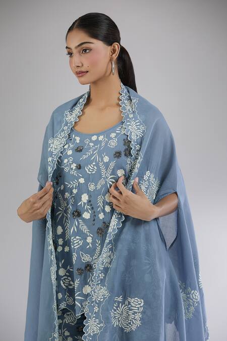 Peachoo_Blue Embroidery Resham Open Floral Cutwork Border Cape_Online_at_Aza_Fashions